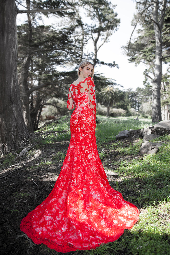 Coronation - Selena Huan Red Lace Long-sleeves Mermaid Gown