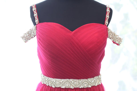 Crystal Beaded Off-shoulder Ruby Red Japanese Soft Tulle A-line Prom Dress