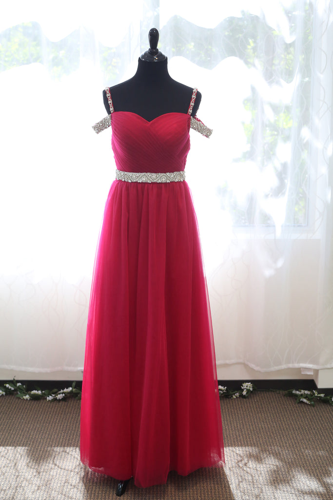 Crystal Beaded Off-shoulder Ruby Red Japanese Soft Tulle A-line Prom Dress