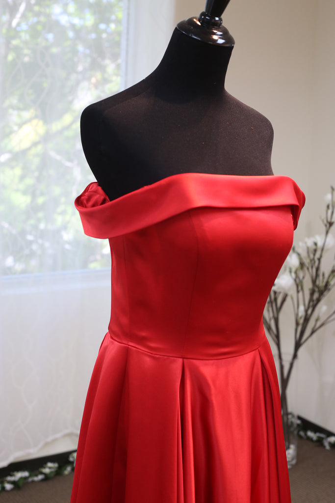 Off-shoulder Ruby Red Japanese Soft Satin A-line Prom Dress