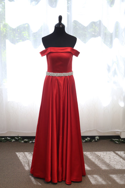 Off-shoulder Ruby Red Japanese Soft Satin A-line Prom Dress