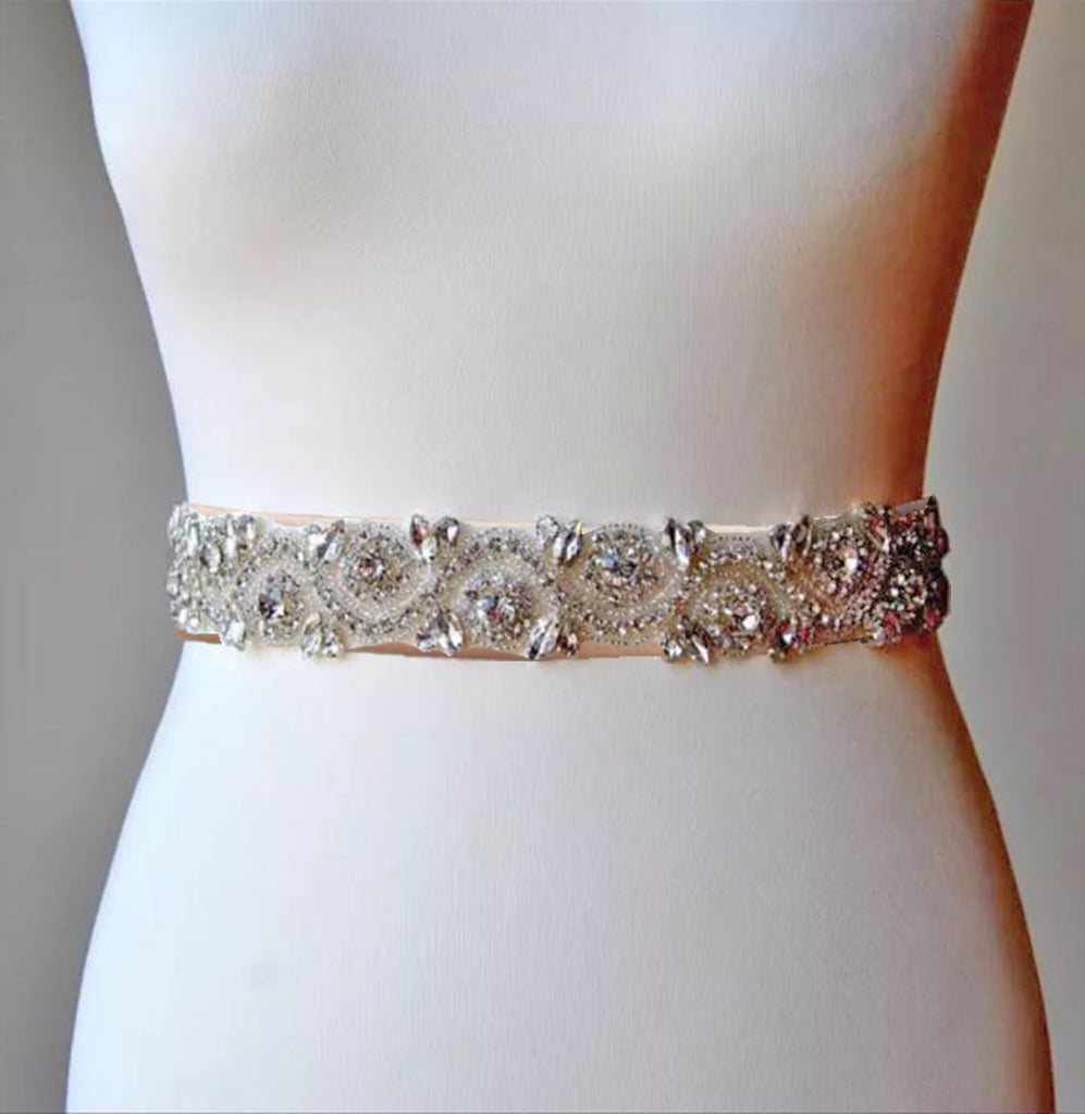 Czech Rhinestone and Silver Beaded Crystal simple classic wedding Dress Sash - made to measure