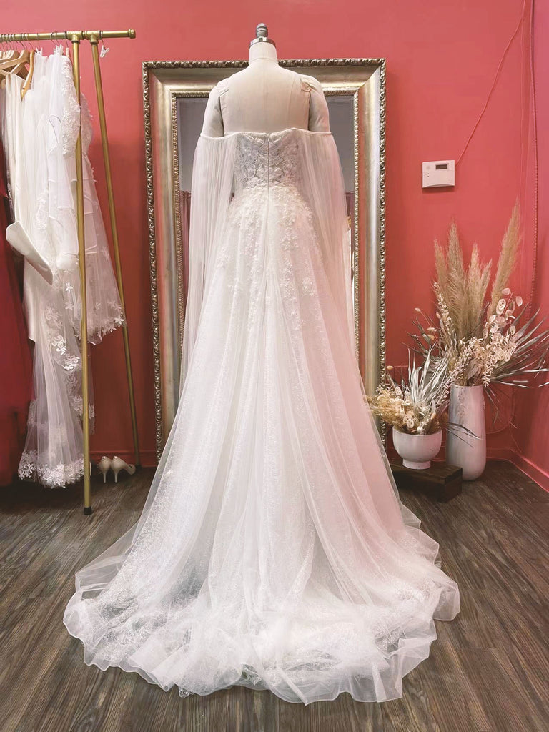 Aria - Selena Huan Beaded Floral Chantilly Lace Strapless princess ball gown with detachable long cape