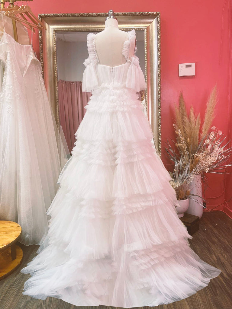 Perla - Selena Huan Beaded Floral Lace ruffled layers princess cake ball gown with detachable off the shoulder sleeves