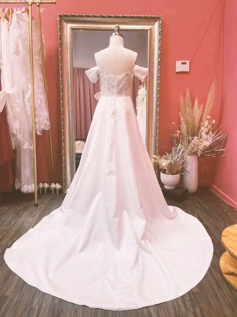 Uris - Selena Huan Chantilly Lace lux matte satin illusive back off the shoulder princess gown