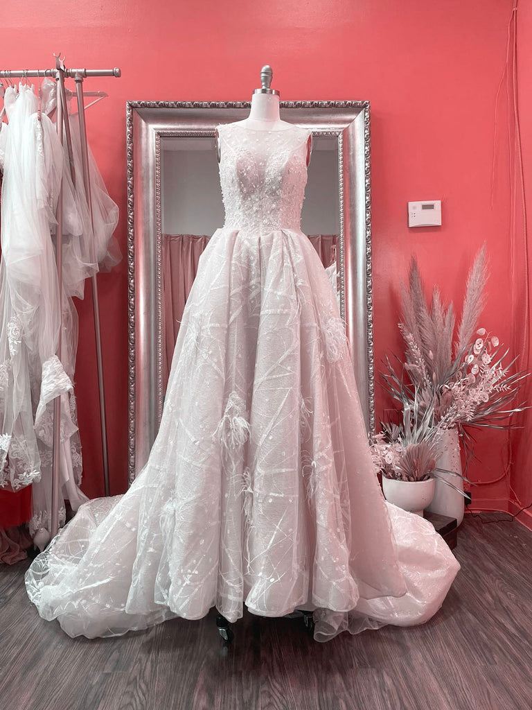 Julie - Selena Huan beaded lace ostrich feather illusive sweet-heart neck low back princess ball gown