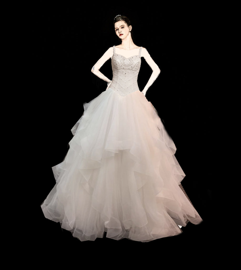 Queen Arrival - Selena Huan Crystal & Pearl Beaded Lace Strapless Layered Skirt Ball Gown