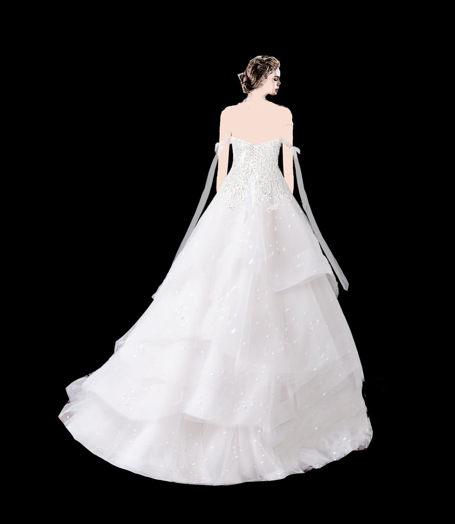 Sherry- Selena Huan off-the-shoulder ribbon milky way layered ball gown