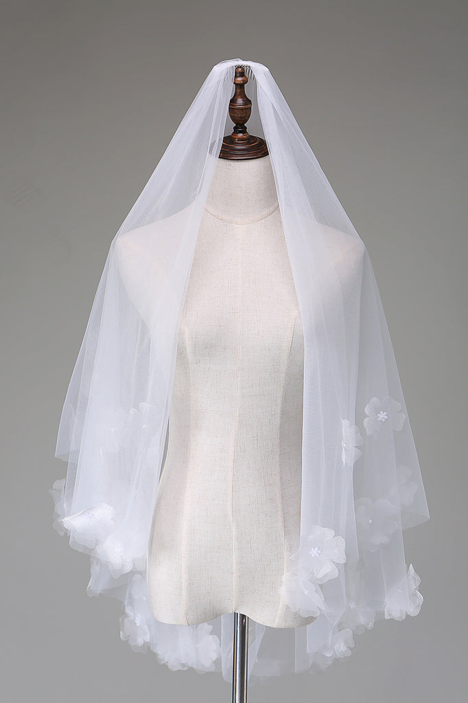 Waist-length 3D floral beaded layered veil