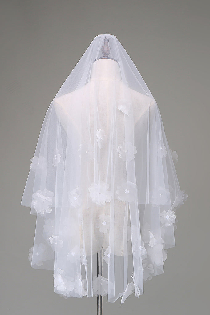 Waist-length 3D floral beaded layered veil
