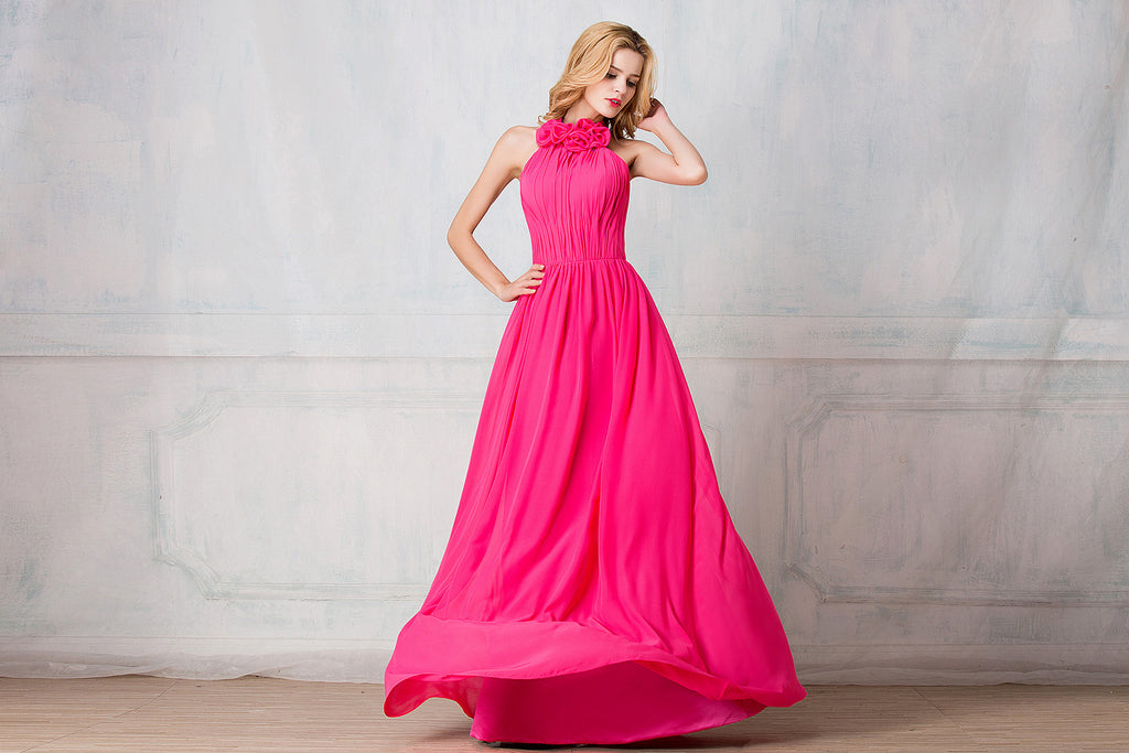 Haltered full-length chiffon bridesmaid dress
