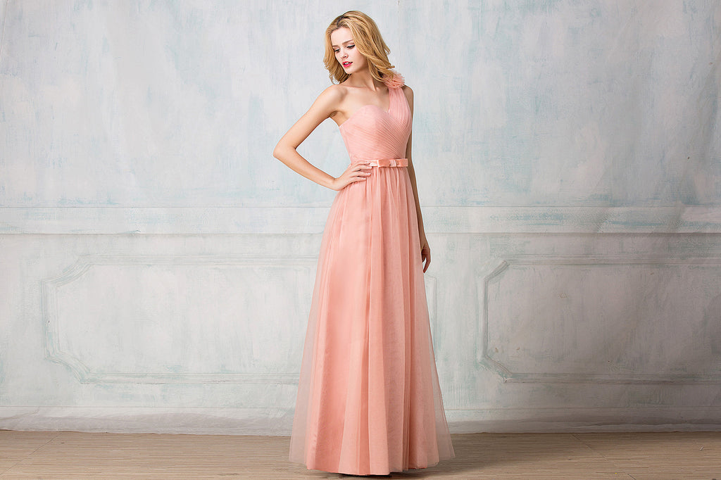 One-shoulder  full-length tulle bridesmaid dress