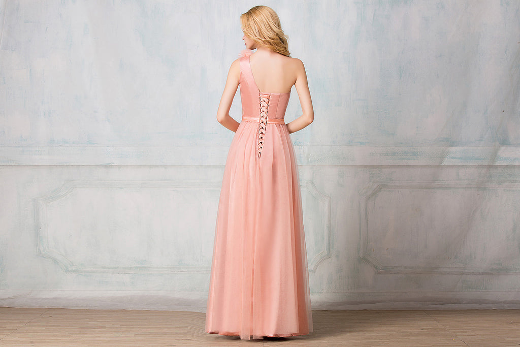 One-shoulder  full-length tulle bridesmaid dress