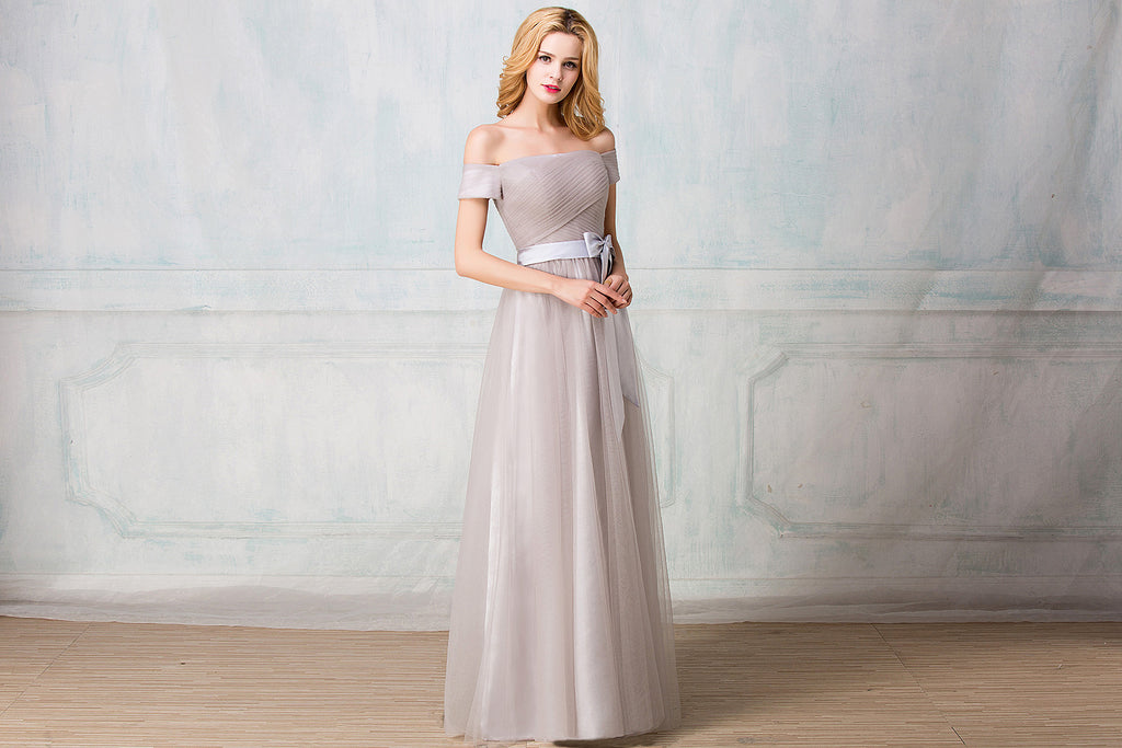 Off-shoulder full-length tulle bridesmaid dress