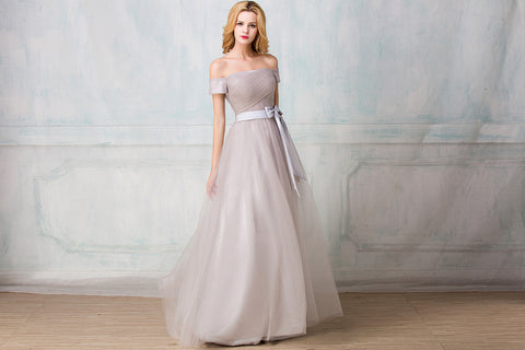 Off-shoulder full-length tulle bridesmaid dress