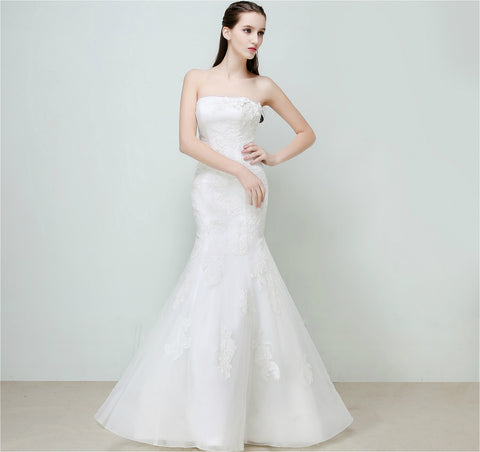 Selena Huan Beaded Lace Strapless Mermaid Gown