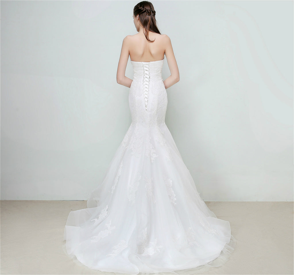Selena Huan Beaded Lace Strapless Mermaid Gown