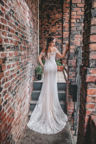 Hailey - Selena Huan off-the-shoulder frosted Alençon lace illusive back mermaid gown