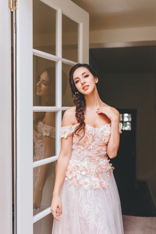 Rubi - Selena Huan 3D Apricot pink floral lace off-the-shoulder A-line gown
