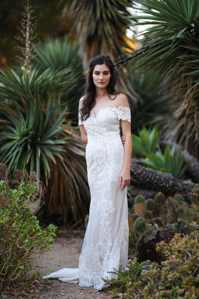 Cecile - Selena Huan beaded off-the-shoulder embroidery Venice lace fit-and-flare gown