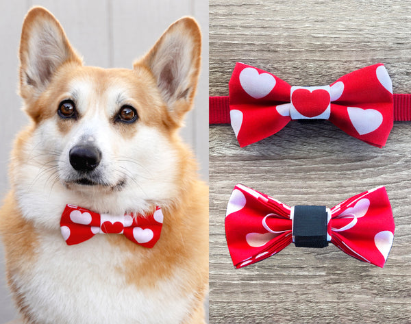 White Heart Red Dog Collar Bow Tie - Holiday Celebration Dog Bow