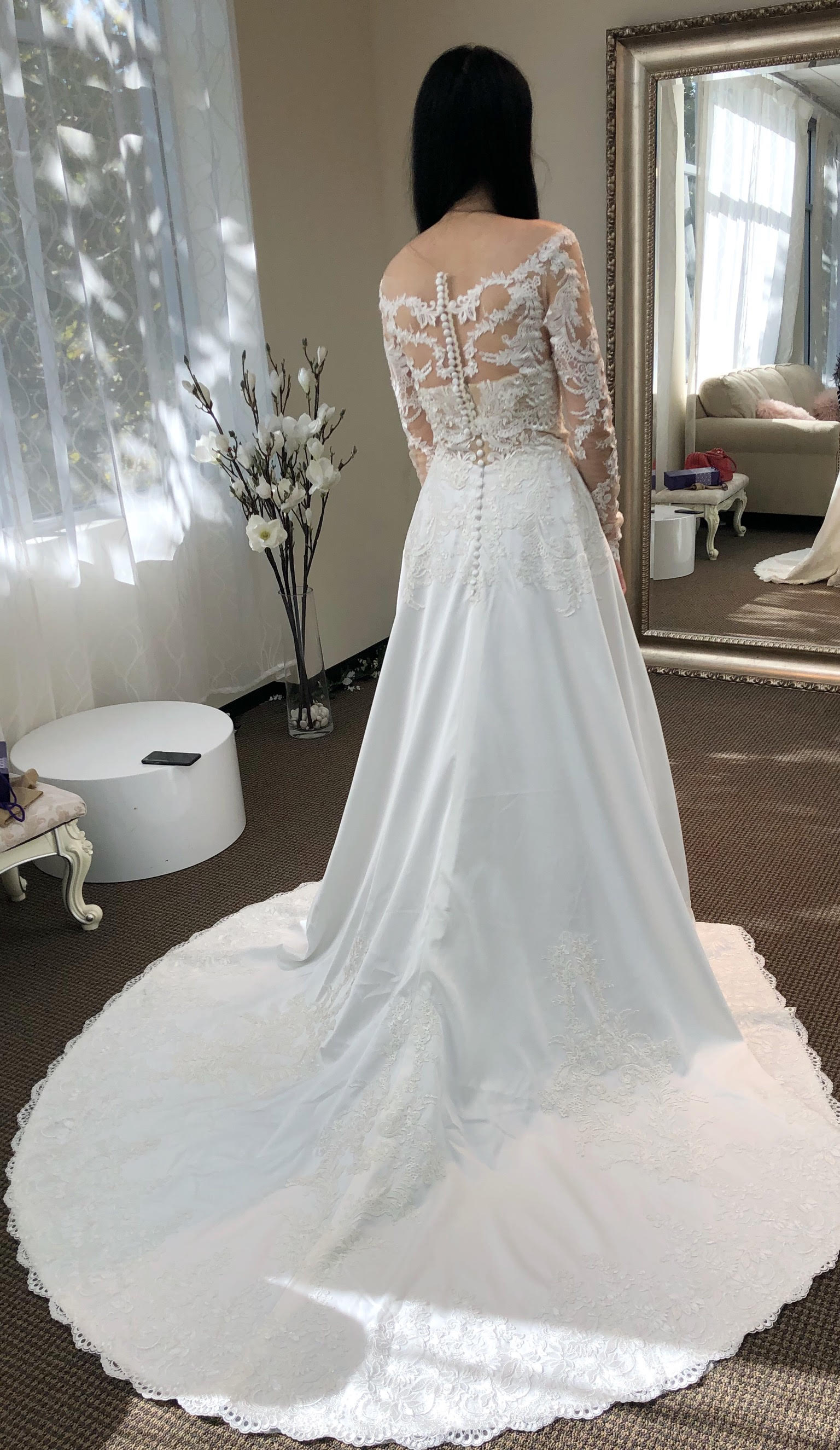 F221011 Rustic Chantilly Lace and Lace Appliqué Wedding Dress with